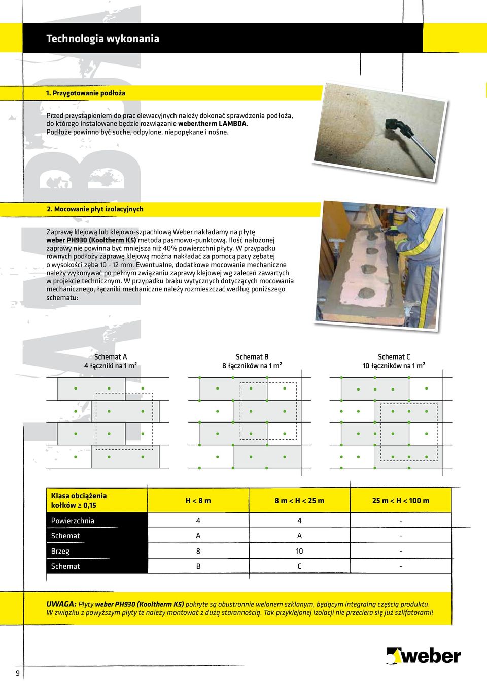 Mocowanie płyt izolacyjnych Zaprawę klejową lub klejowo-szpachlową Weber nakładamy na płytę weber PH930 (Kooltherm K5) metoda pasmowo-punktową.