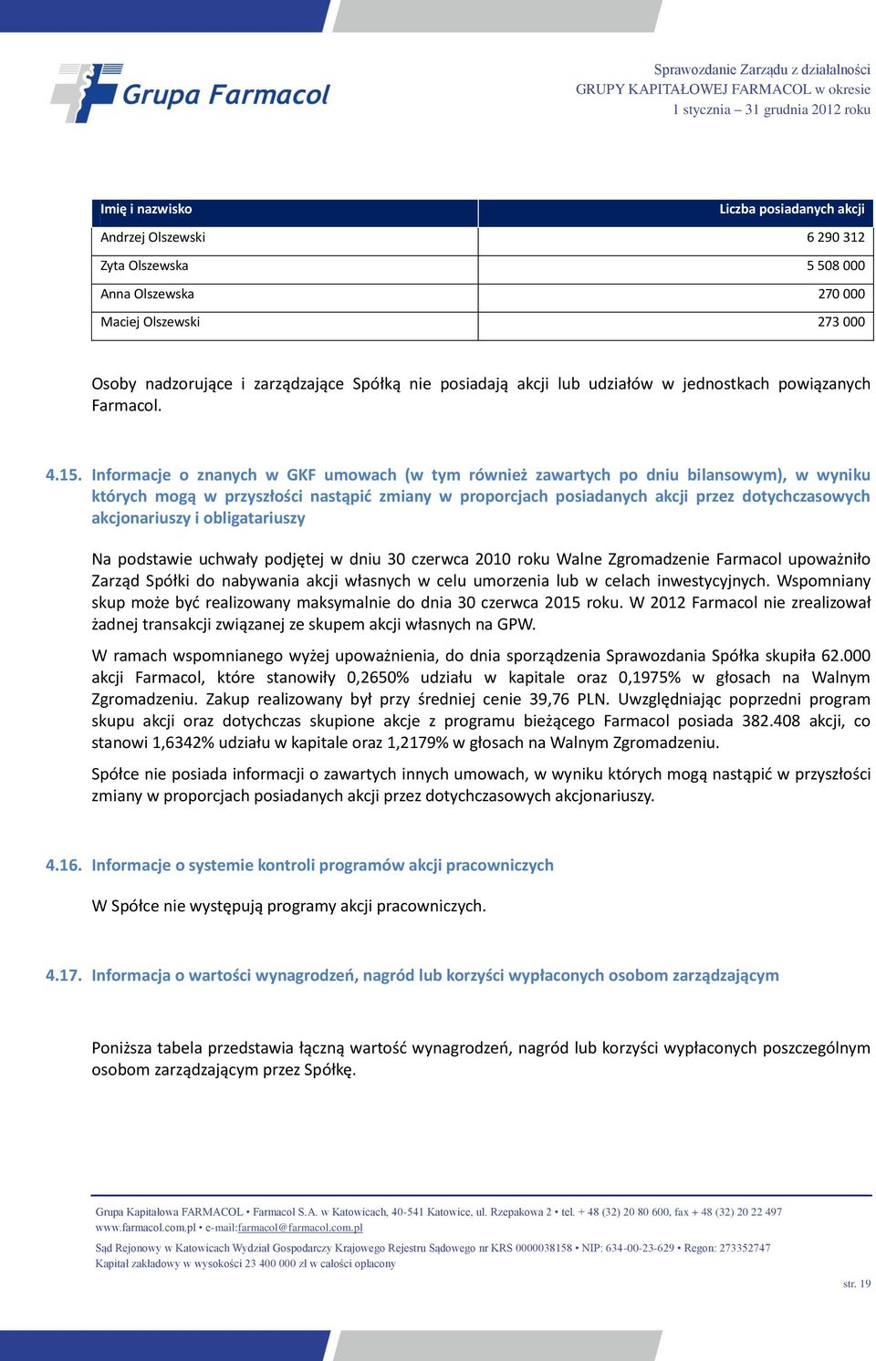 Informacje o znanych w GKF umowach (w tym również zawartych po dniu bilansowym), w wyniku których mogą w przyszłości nastąpić zmiany w proporcjach posiadanych akcji przez dotychczasowych