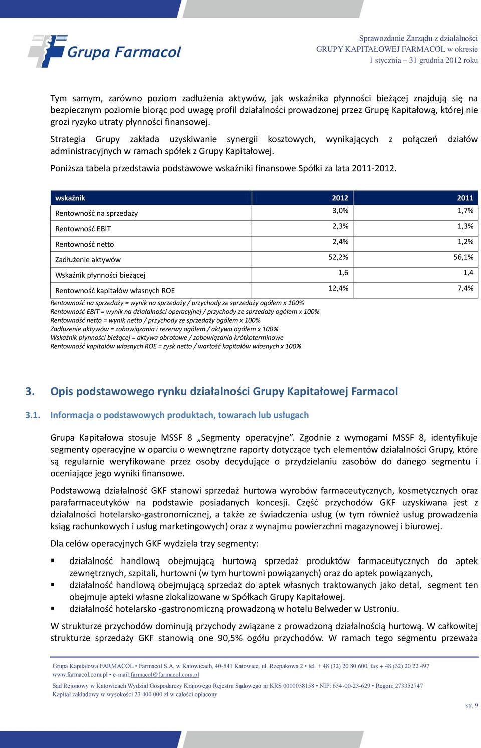 Poniższa tabela przedstawia podstawowe wskaźniki finansowe Spółki za lata 2011-2012.