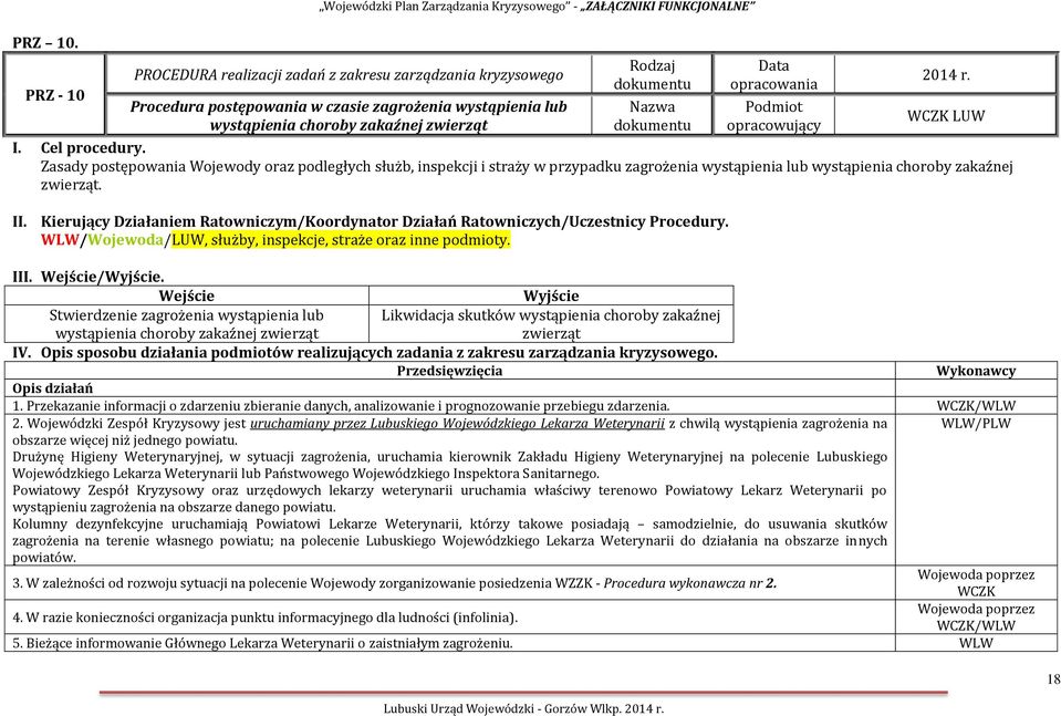 wystąpienia choroby zakaźnej zwierząt Rodzaj Nazwa Data opracowania Podmiot opracowujący 2014 r. WCZK LUW I. Cel procedury.