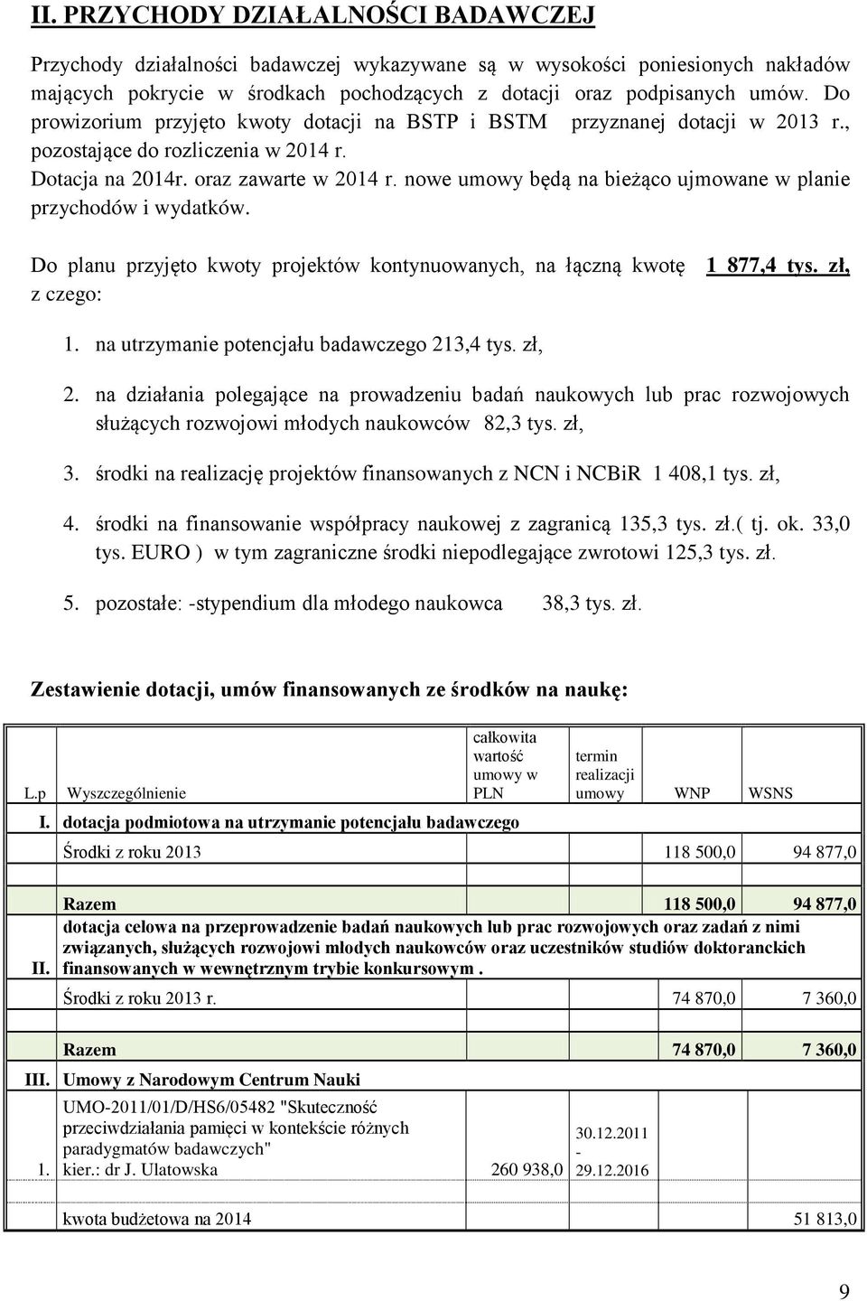 nowe umowy będą na bieżąco ujmowane w planie przychodów i wydatków. Do planu przyjęto kwoty projektów kontynuowanych, na łączną kwotę 1 877,4 tys. zł, z czego: 1.