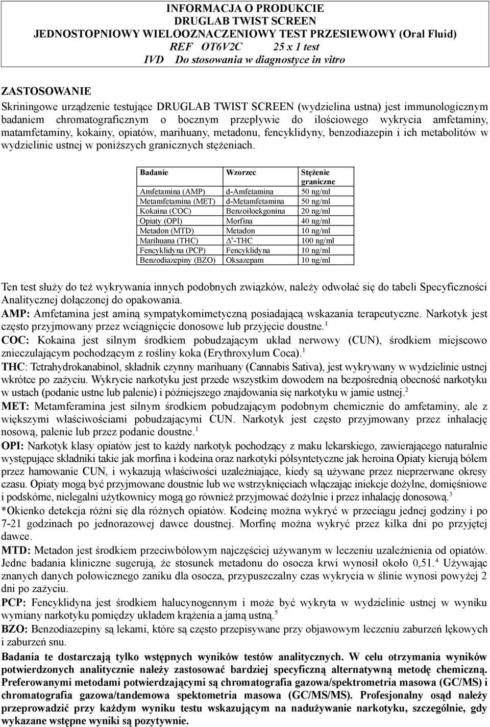 marihuany, metadonu, fencyklidyny, benzodiazepin i ich metabolitów w wydzielinie ustnej w poniższych granicznych stężeniach.