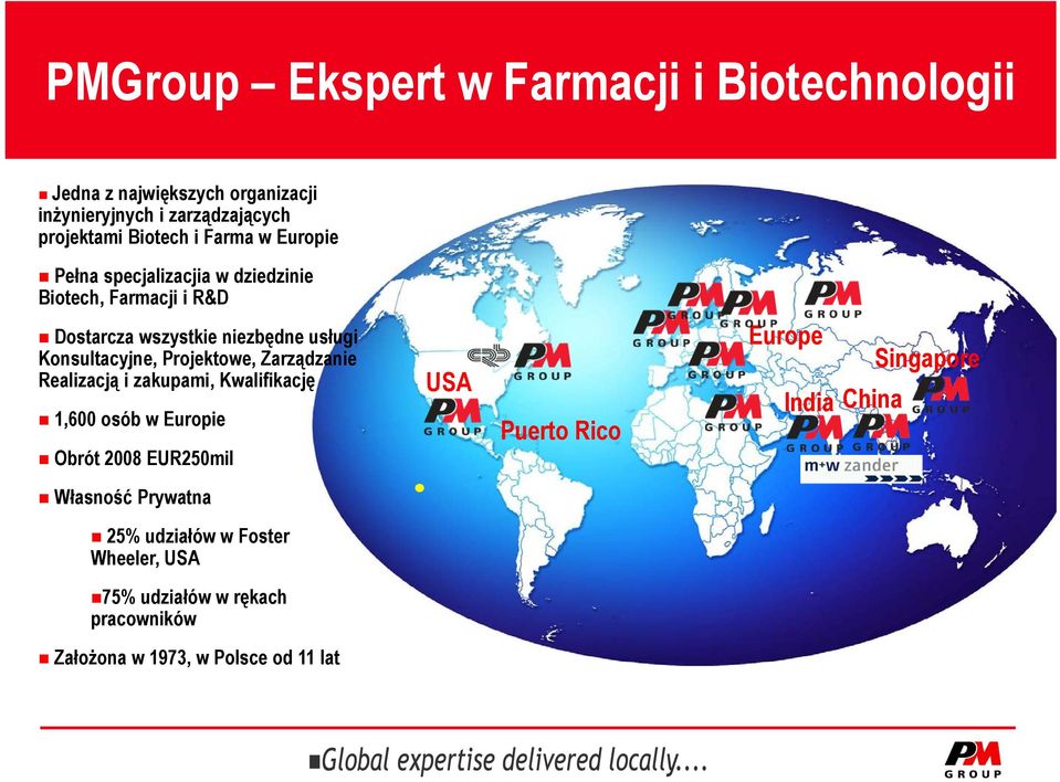Projektowe, Zarządzanie Realizacją i zakupami, Kwalifikację 1,600 osób w Europie Obrót 2008 EUR250mil USA Puerto Rico Europe India