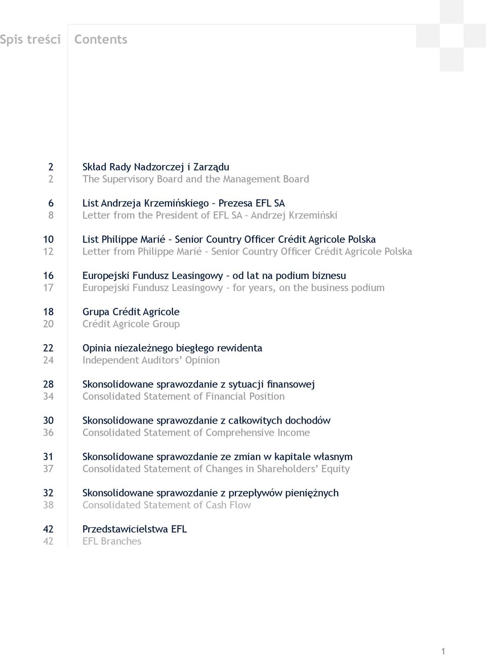 Polska Europejski Fundusz Leasingowy od lat na podium biznesu Europejski Fundusz Leasingowy for years, on the business podium Grupa Crédit Agricole Crédit Agricole Group Opinia niezależnego biegłego