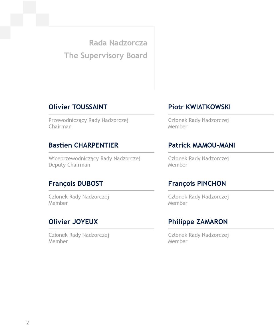 MAMOU-MANI Członek Rady Nadzorczej Member François DUBOST Członek Rady Nadzorczej Member François PINCHON Członek