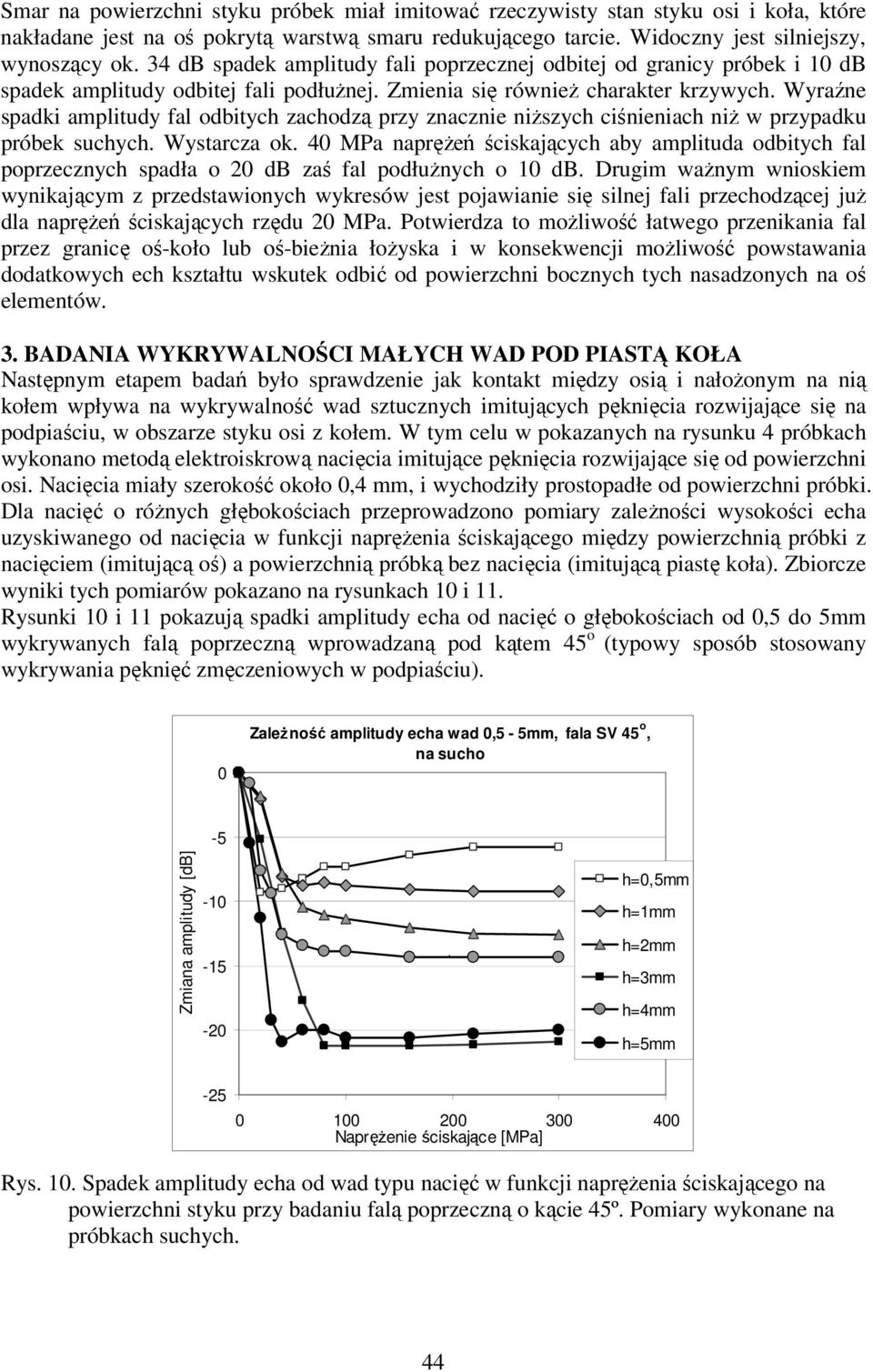 Wyraźne spadki amplitudy fal odbitych zachodzą przy znacznie niższych ciśnieniach niż w przypadku próbek suchych. Wystarcza ok.