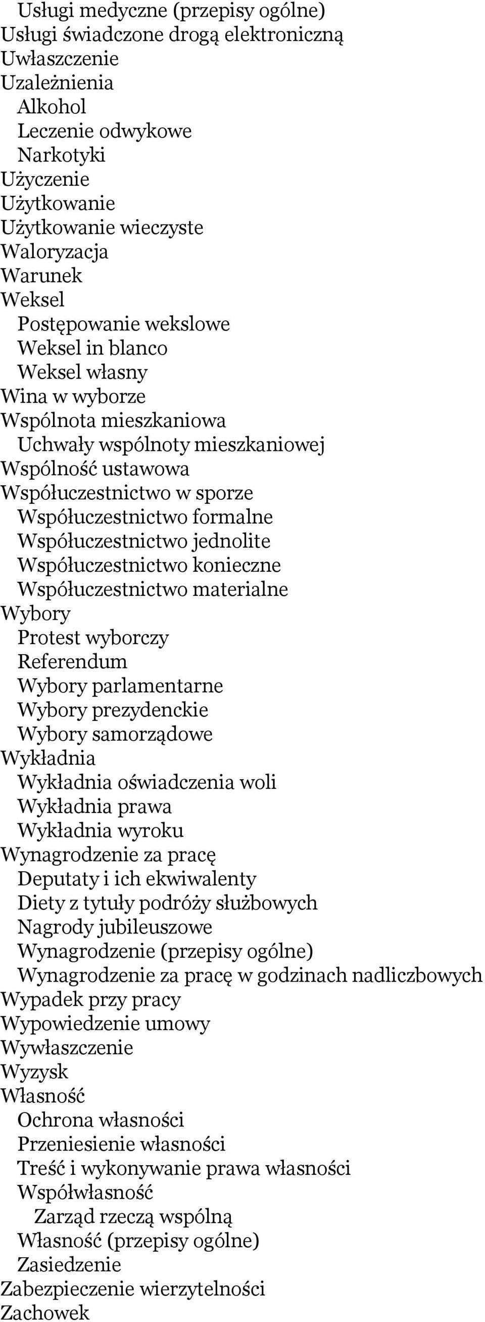 formalne Współuczestnictwo jednolite Współuczestnictwo konieczne Współuczestnictwo materialne Wybory Protest wyborczy Referendum Wybory parlamentarne Wybory prezydenckie Wybory samorządowe Wykładnia