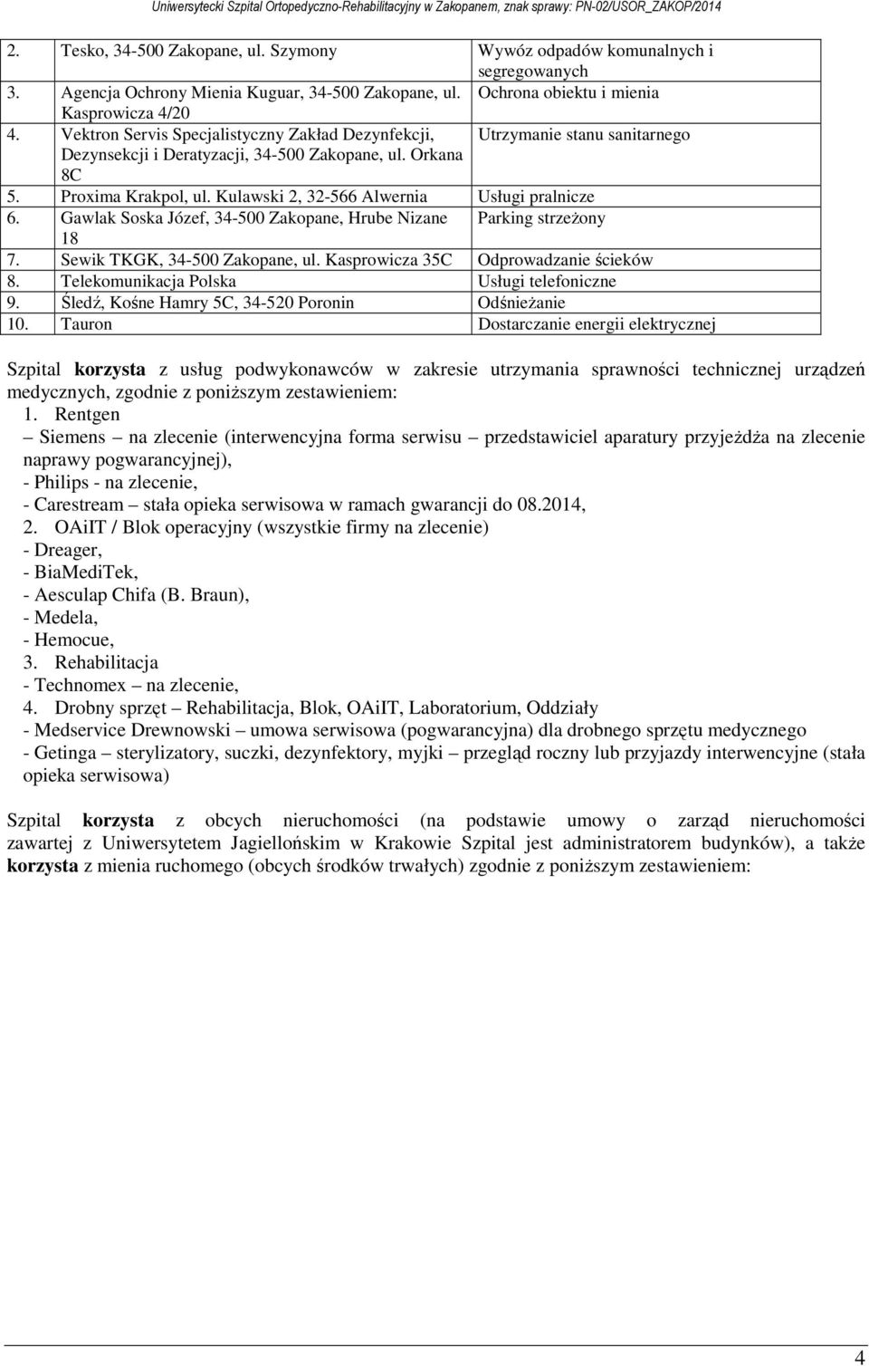 Kulawski 2, 32-566 Alwernia Usługi pralnicze 6. Gawlak Soska Józef, 34-500 Zakopane, Hrube Nizane Parking strzeżony 18 7. Sewik TKGK, 34-500 Zakopane, ul. Kasprowicza 35C Odprowadzanie ścieków 8.