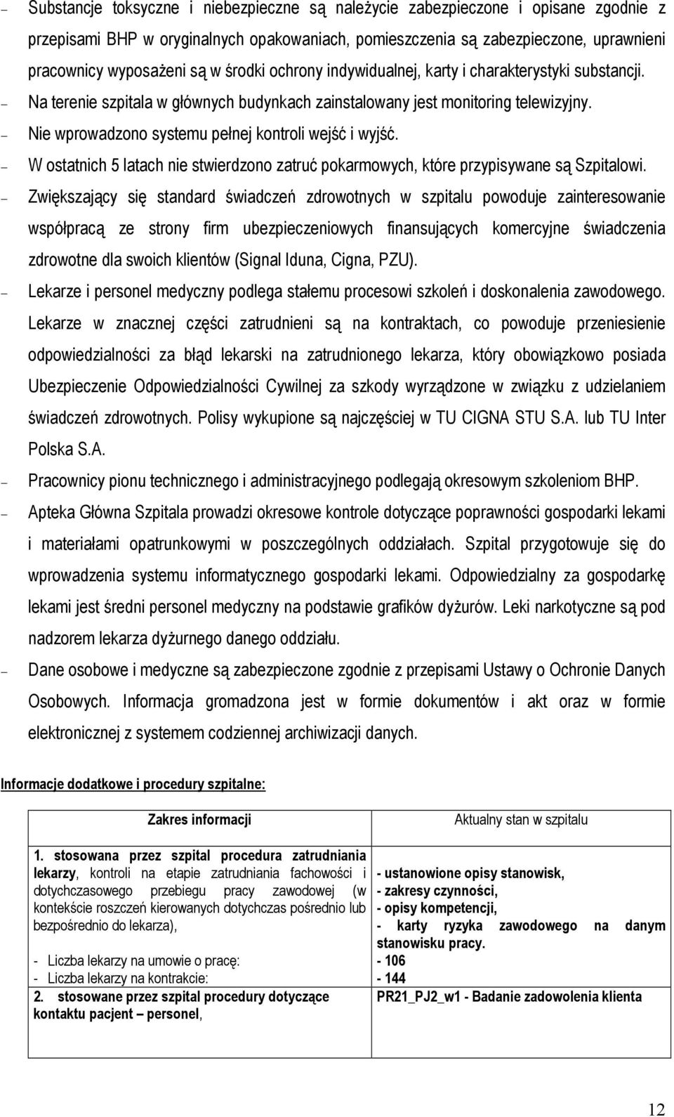 Nie wprowadzono systemu pełnej kontroli wejść i wyjść. W ostatnich 5 latach nie stwierdzono zatruć pokarmowych, które przypisywane są Szpitalowi.