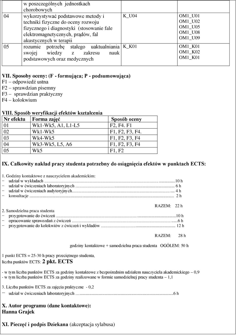 VII. Sposoby oceny: (F - formująca; P - podsumowująca) F1 odpowiedź ustna F2 sprawdzian pisemny F3 sprawdzian praktyczny F4 kolokwium VIII.