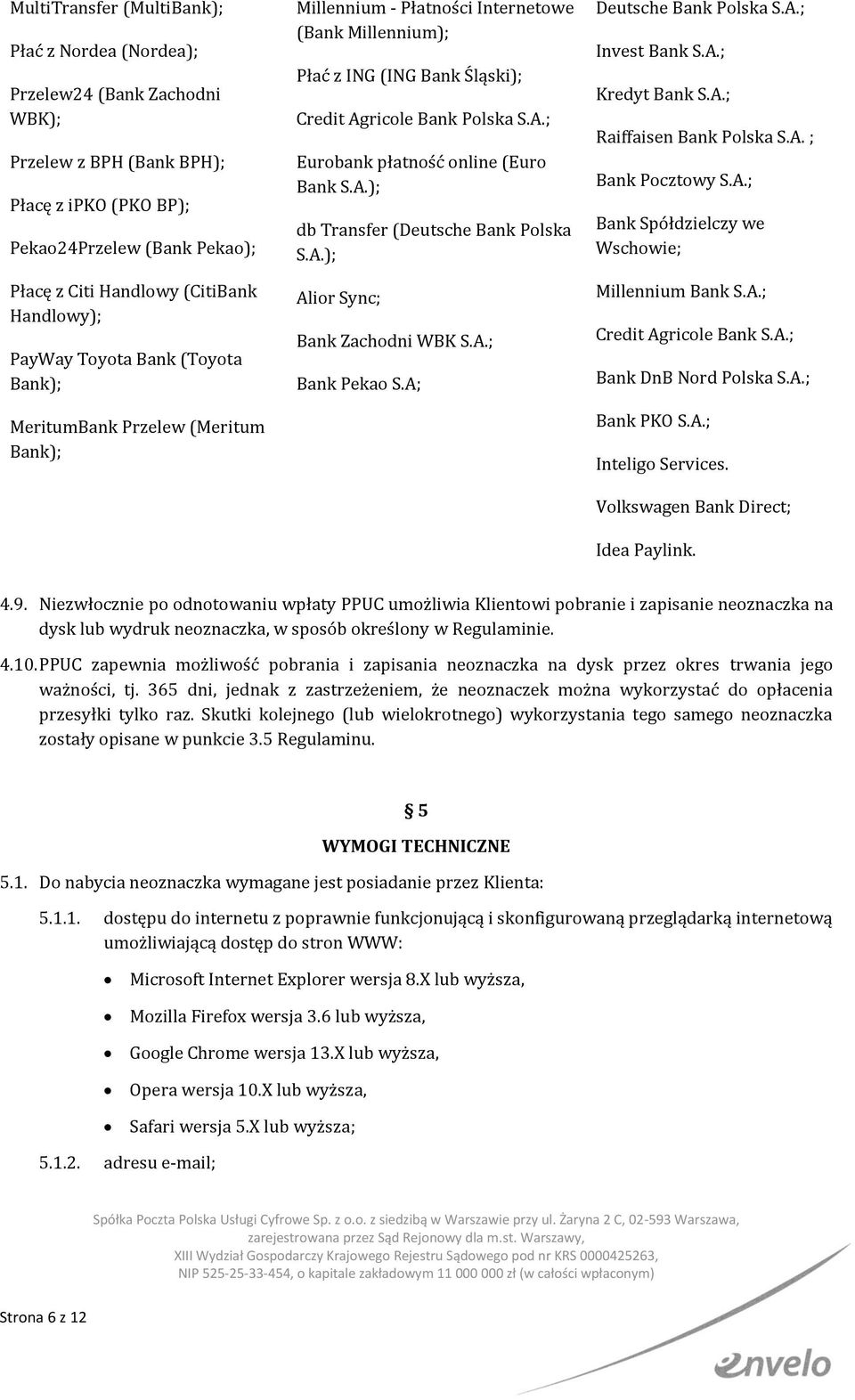 ricole Bank Polska S.A.; Eurobank płatność online (Euro Bank S.A.); db Transfer (Deutsche Bank Polska S.A.); Alior Sync; Bank Zachodni WBK S.A.; Bank Pekao S.A; Deutsche Bank Polska S.A.; Invest Bank S.