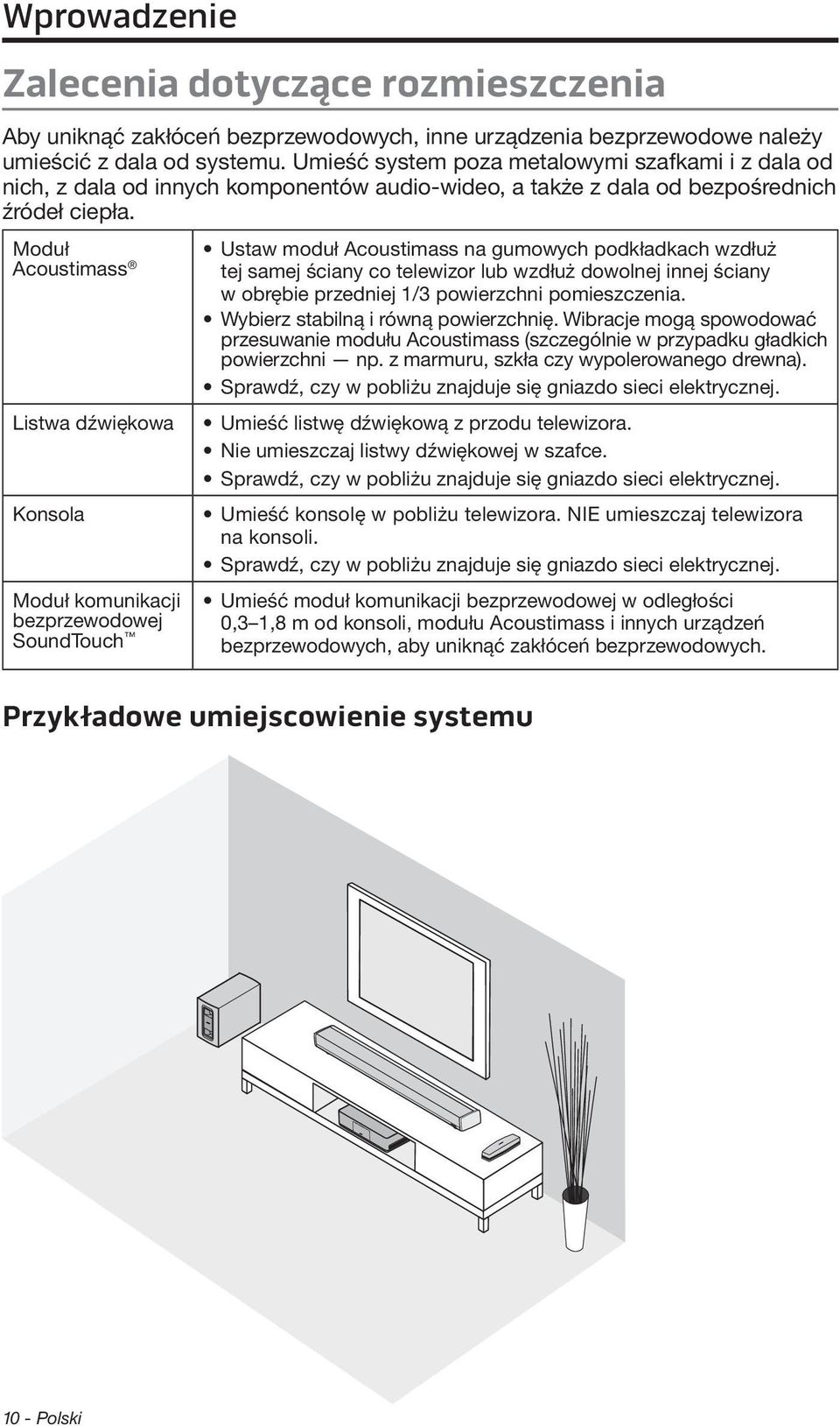 Moduł Acoustimass Listwa dźwiękowa Konsola Moduł komunikacji bezprzewodowej SoundTouch Ustaw moduł Acoustimass na gumowych podkładkach wzdłuż tej samej ściany co telewizor lub wzdłuż dowolnej innej