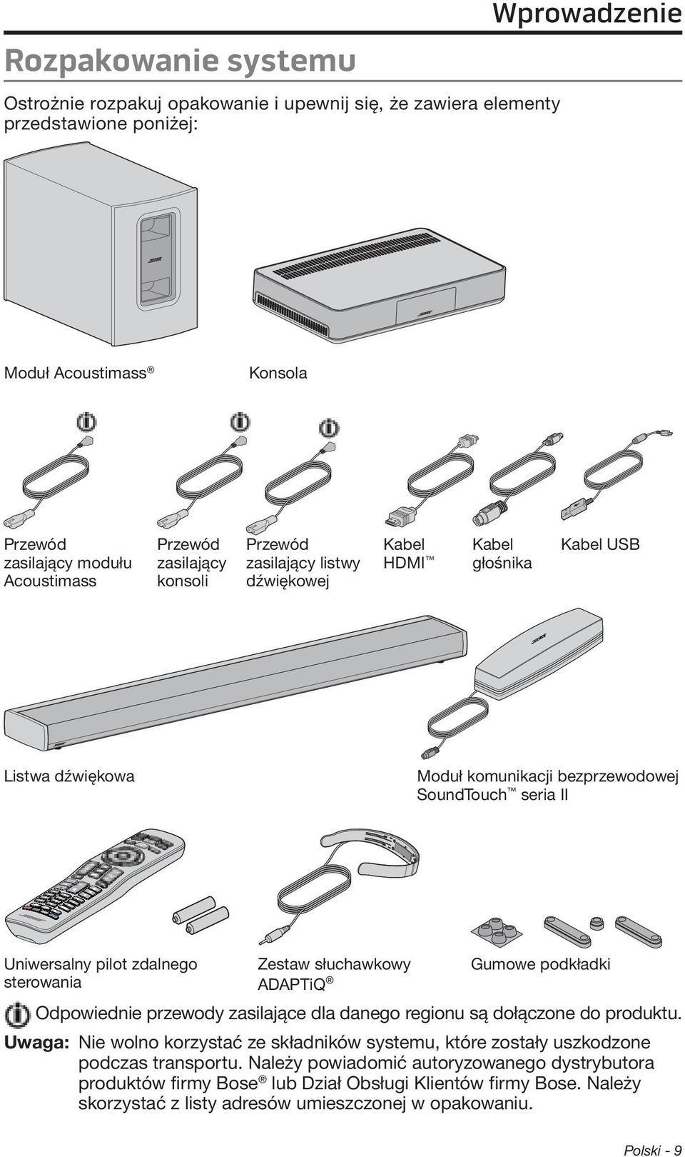 sterowania Zestaw słuchawkowy ADAPTiQ Gumowe podkładki Odpowiednie przewody zasilające dla danego regionu są dołączone do produktu.