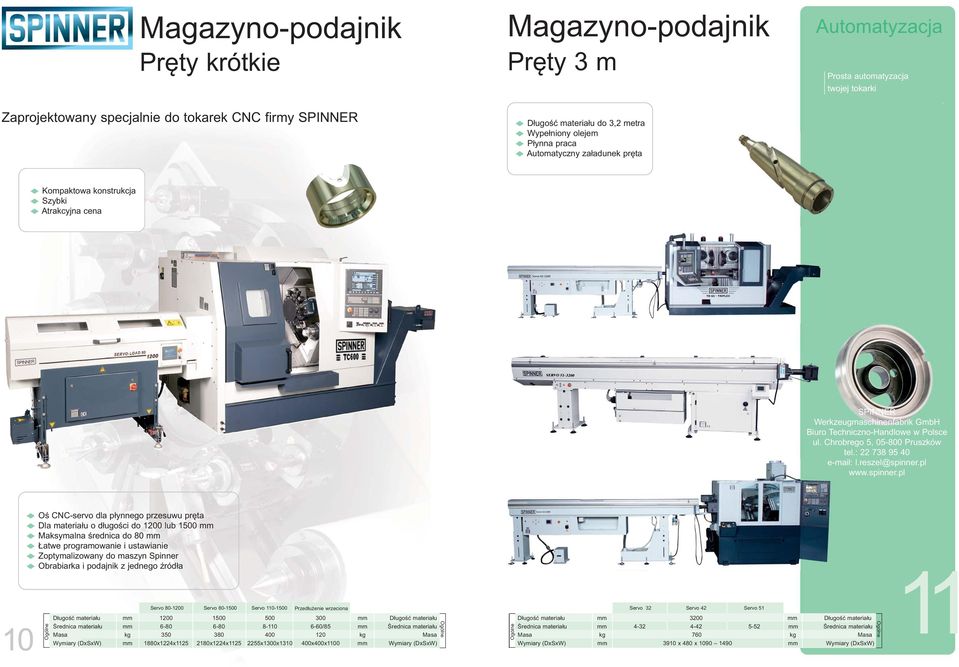 1500 mm u Maksymalna średnica do 80 mm u Łatwe programowanie i ustawianie u Zoptymalizowany do maszyn Spinner u Obrabiarka i podajnik z jednego źródła 10 Ogólne Servo 80-1200 Servo 80-1500 Servo