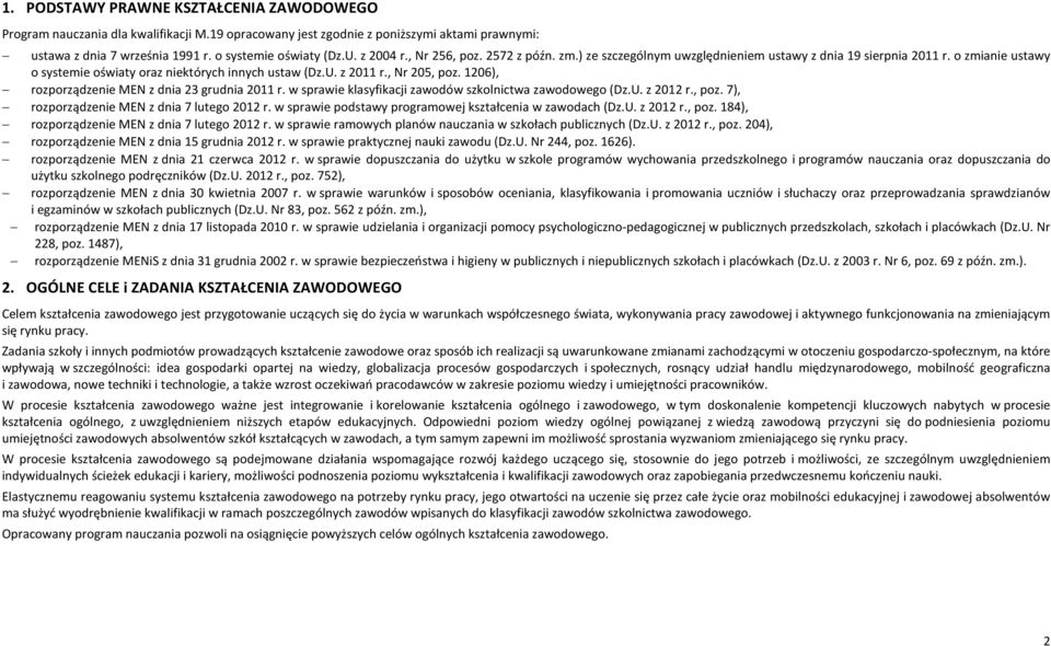 1206), rozporządzenie MEN z dnia 23 grudnia 2011 r. w sprawie klasyfikacji zawodów szkolnictwa zawodowego (Dz.U. z 2012 r., poz. 7), rozporządzenie MEN z dnia 7 lutego 2012 r.