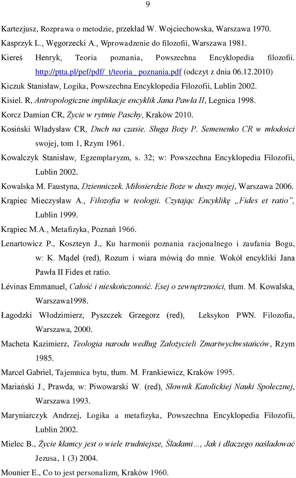 2010) Kiczuk Stanisław, Logika, Powszechna Encyklopedia Filozofii, Lublin 2002. Kisiel. R, Antropologiczne implikacje encyklik Jana Pawła II, Legnica 1998.