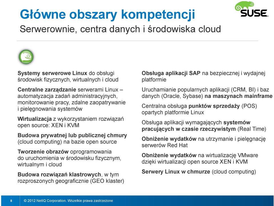 publicznej chmury (cloud computing) na bazie open source Tworzenie obrazów oprogramowania do uruchomienia w środowisku fizycznym, wirtualnym i cloud Budowa rozwiązań klastrowych, w tym rozproszonych