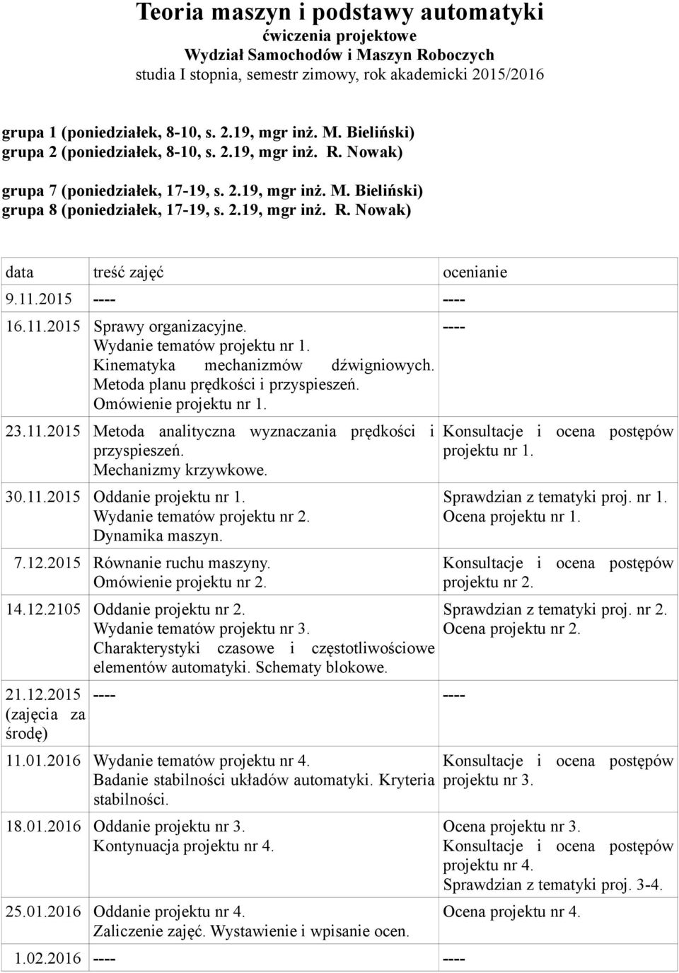 Metoda planu prędkości i przyspieszeń. Omówienie projektu nr 1. 23.11.2015 Metoda analityczna wyznaczania prędkości i przyspieszeń. Mechanizmy krzywkowe. 30.11.2015 Oddanie projektu nr 1.