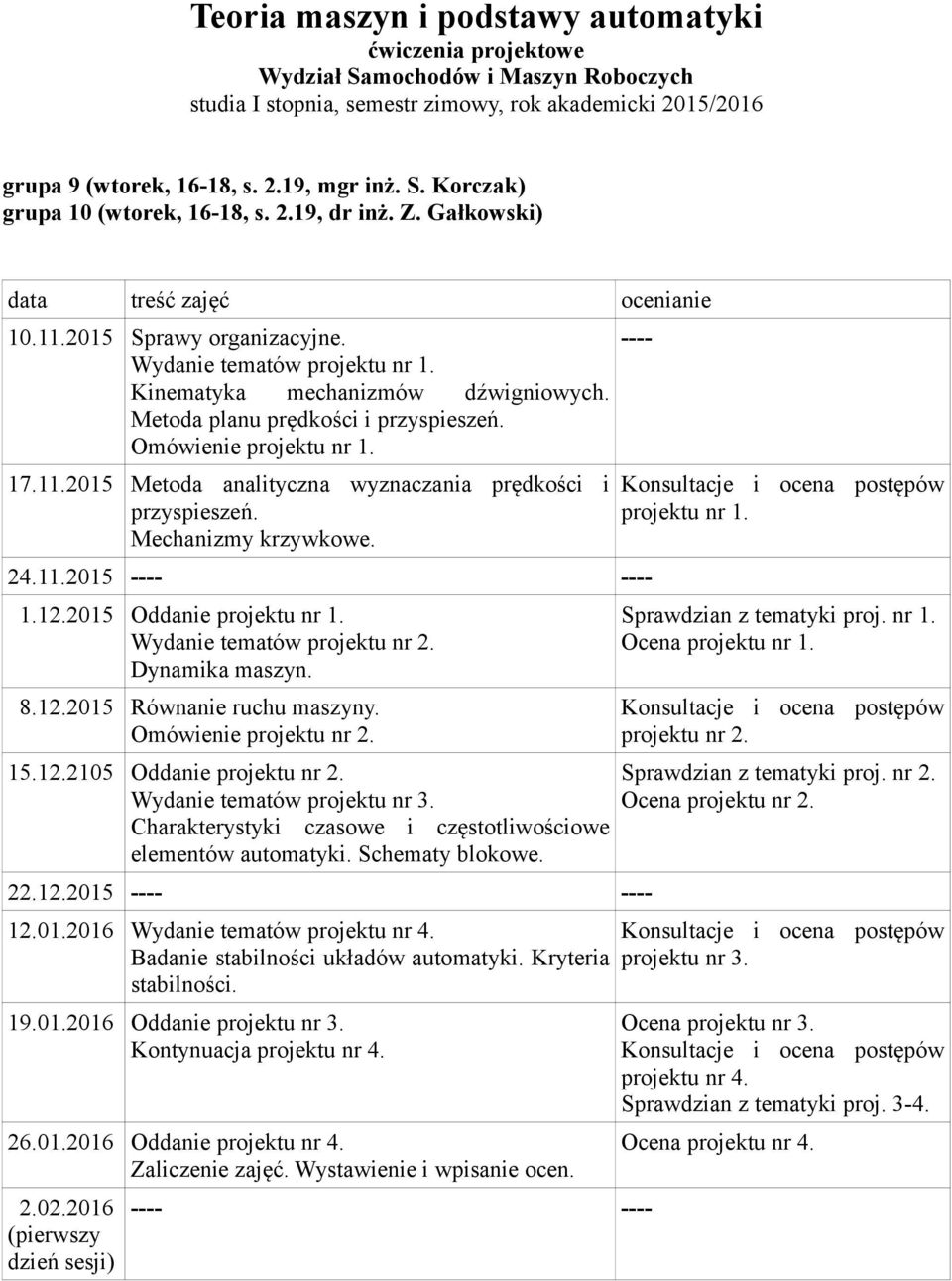 12.2015 Oddanie projektu nr 1. Wydanie tematów projektu nr 2. Dynamika maszyn. 8.12.2015 Równanie ruchu maszyny. Omówienie projektu nr 2. 15.12.2105 Oddanie projektu nr 2.