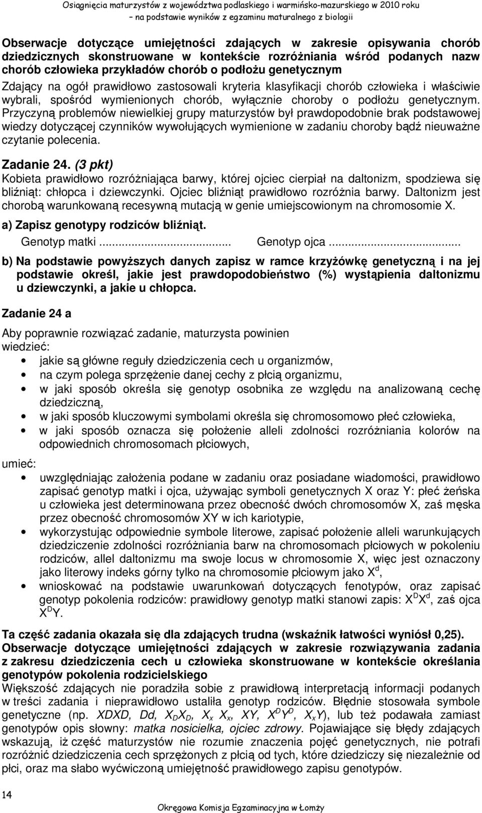 Przyczyną problemów niewielkiej grupy maturzystów był prawdopodobnie brak podstawowej wiedzy dotyczącej czynników wywołujących wymienione w zadaniu choroby bądź nieuważne czytanie polecenia.