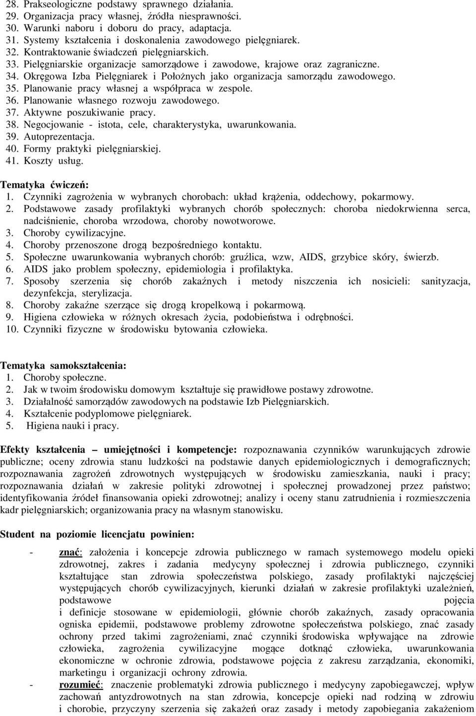 Okręgowa Izba Pielęgniarek i Położnych jako organizacja samorządu zawodowego. 35. Planowanie pracy własnej a współpraca w zespole. 36. Planowanie własnego rozwoju zawodowego. 37.