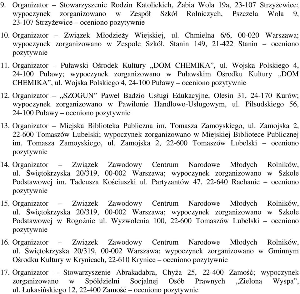 Organizator Puławski Ośrodek Kultury DOM CHEMIKA, ul. Wojska Polskiego 4, 24-100 Puławy; wypoczynek zorganizowano w Puławskim Ośrodku Kultury DOM CHEMIKA, ul.