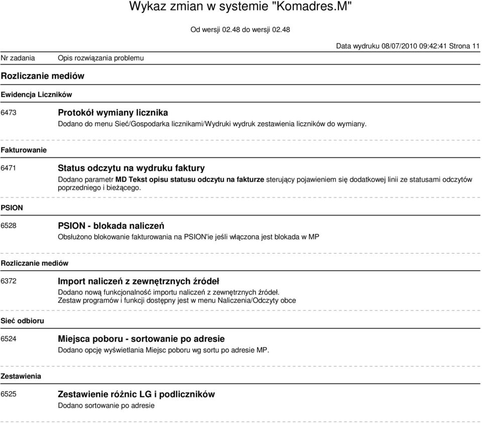 Fakturowanie 6471 Status odczytu na wydruku faktury Dodano parametr MD Tekst opisu statusu odczytu na fakturze sterujący pojawieniem się dodatkowej linii ze statusami odczytów poprzedniego i