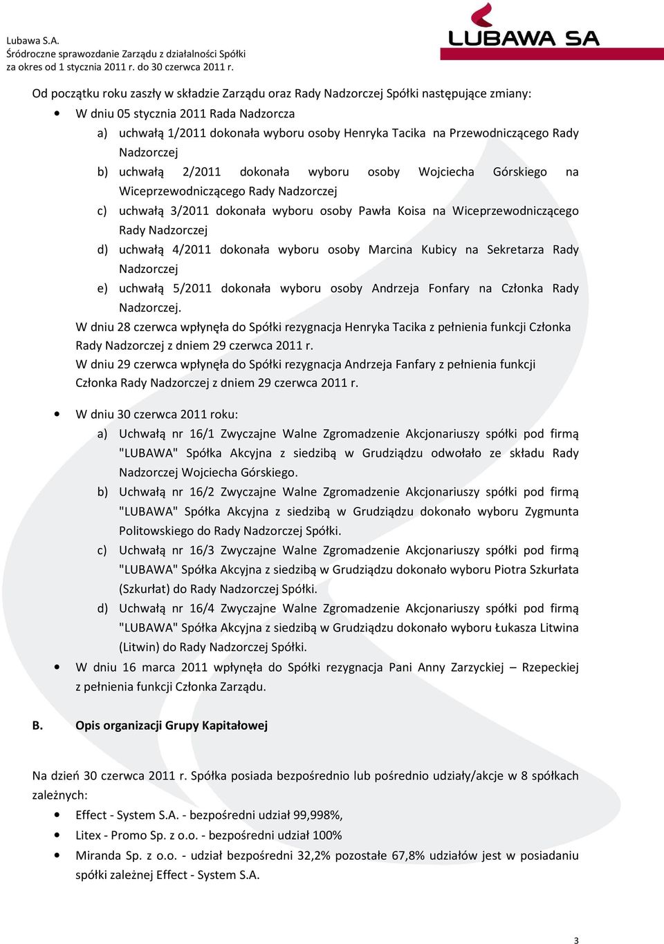 Wiceprzewodniczącego Rady Nadzorczej d) uchwałą 4/2011 dokonała wyboru osoby Marcina Kubicy na Sekretarza Rady Nadzorczej e) uchwałą 5/2011 dokonała wyboru osoby Andrzeja Fonfary na Członka Rady