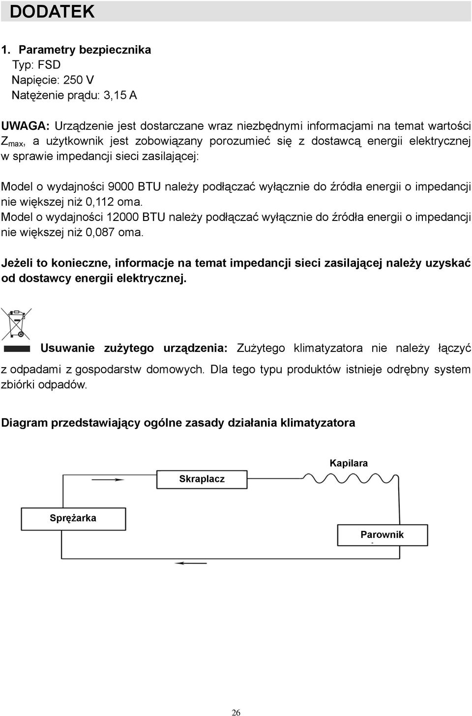 porozumieć się z dostawcą energii elektrycznej w sprawie impedancji sieci zasilającej: Model o wydajności 9000 BTU należy podłączać wyłącznie do źródła energii o impedancji nie większej niż 0,112 oma.