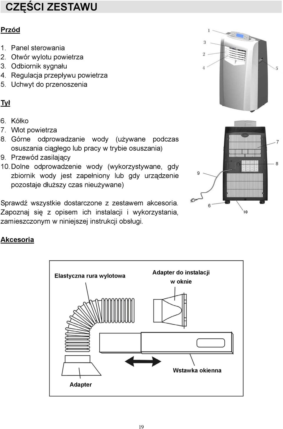 Dolne odprowadzenie wody (wykorzystywane, gdy zbiornik wody jest zapełniony lub gdy urządzenie pozostaje dłuższy czas nieużywane) Sprawdź wszystkie dostarczone z