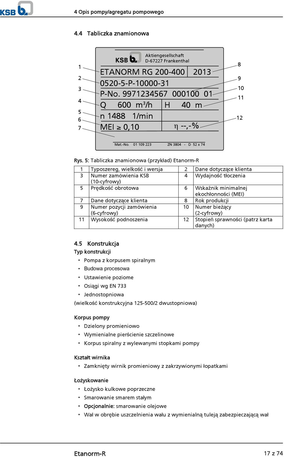 5: Tabliczka znamionowa (przykład) Etanorm-R 1 Typoszereg, wielkość i wersja 2 Dane dotyczące klienta 3 Numer zamówienia KSB 4 Wydajność tłoczenia (10-cyfrowy) 5 Prędkość obrotowa 6 Wskaźnik