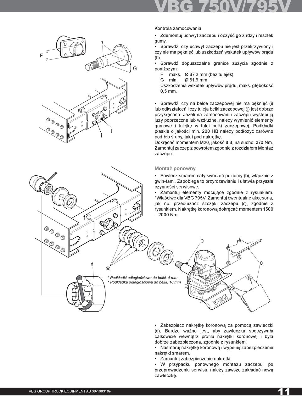 Ø 67,2 mm (bez tulejek) G min. Ø 61,6 mm Uszkodzenia wskutek upływów prądu, maks. głębokość 0,5 mm.