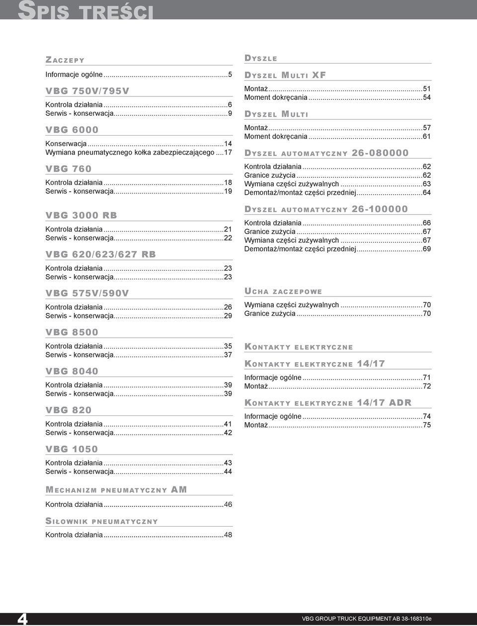 ..23 VBG 575V/590V Kontrola działania...26 Serwis - konserwacja...29 VBG 8500 Kontrola działania...35 Serwis - konserwacja...37 VBG 8040 Kontrola działania...39 Serwis - konserwacja.