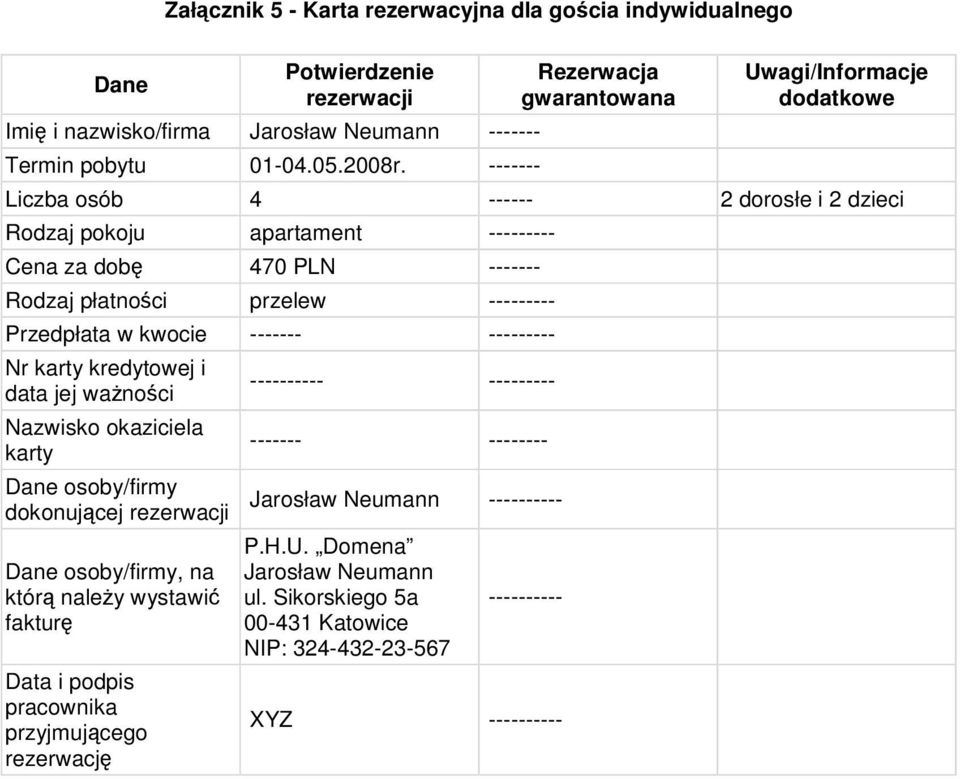 przelew --------- Przedpłata w kwocie ------- --------- Nr karty kredytowej i data jej wanoci Nazwisko okaziciela karty Dane osoby/firmy dokonujcej rezerwacji Dane osoby/firmy, na