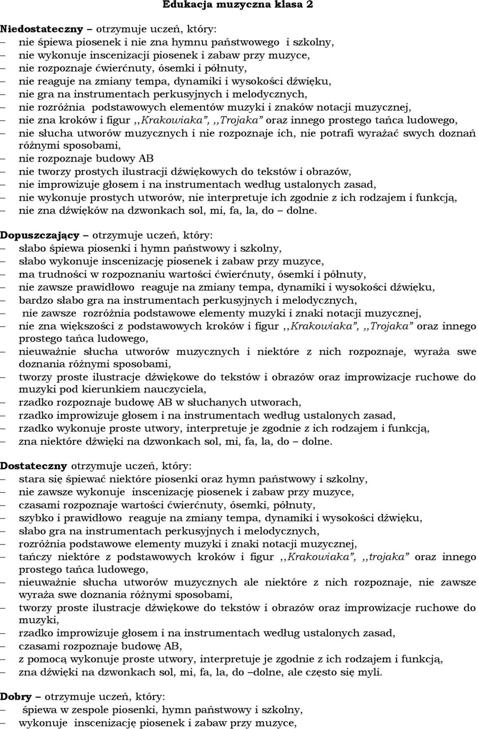 notacji muzycznej, nie zna kroków i figur,,krakowiaka,,,trojaka oraz innego prostego tańca ludowego, nie słucha utworów muzycznych i nie rozpoznaje ich, nie potrafi wyrażać swych doznań różnymi