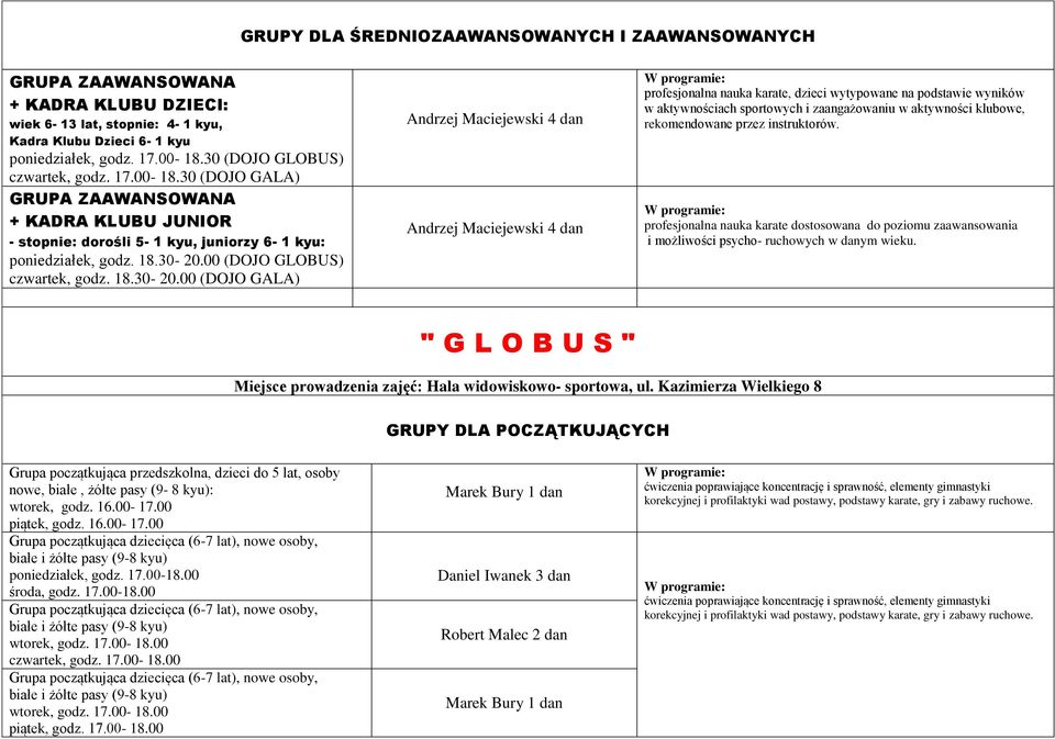 00 (DOJO GLOBUS) czwartek, godz. 18.30-20.