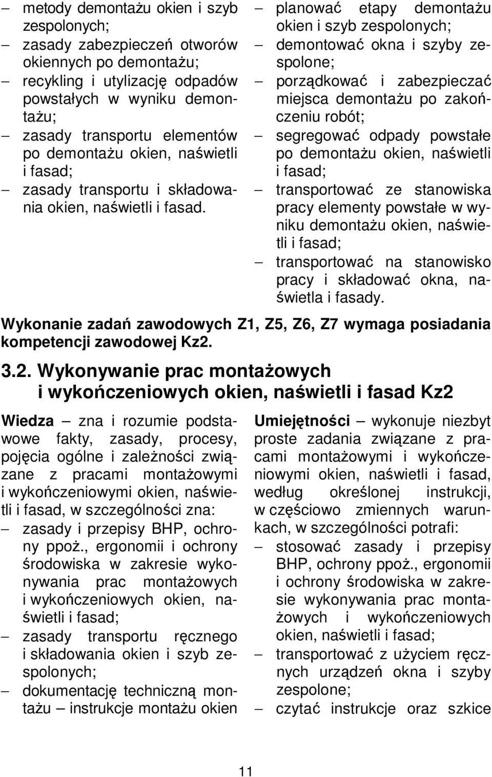 planować etapy demontażu okien i szyb zespolonych; demontować okna i szyby zespolone; porządkować i zabezpieczać miejsca demontażu po zakończeniu robót; segregować odpady powstałe po demontażu okien,