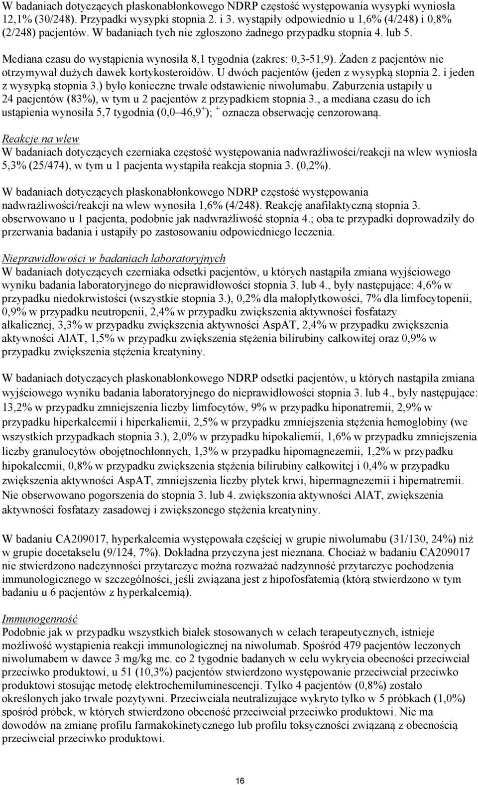 Żaden z pacjentów nie otrzymywał dużych dawek kortykosteroidów. U dwóch pacjentów (jeden z wysypką stopnia 2. i jeden z wysypką stopnia 3.) było konieczne trwałe odstawienie niwolumabu.