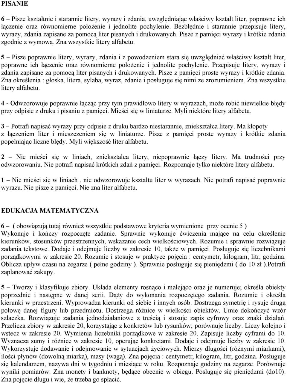 5 Pisze poprawnie litery, wyrazy, zdania i z powodzeniem stara się uwzględniać właściwy kształt liter, poprawne ich łączenie oraz równomierne położenie i jednolite pochylenie.