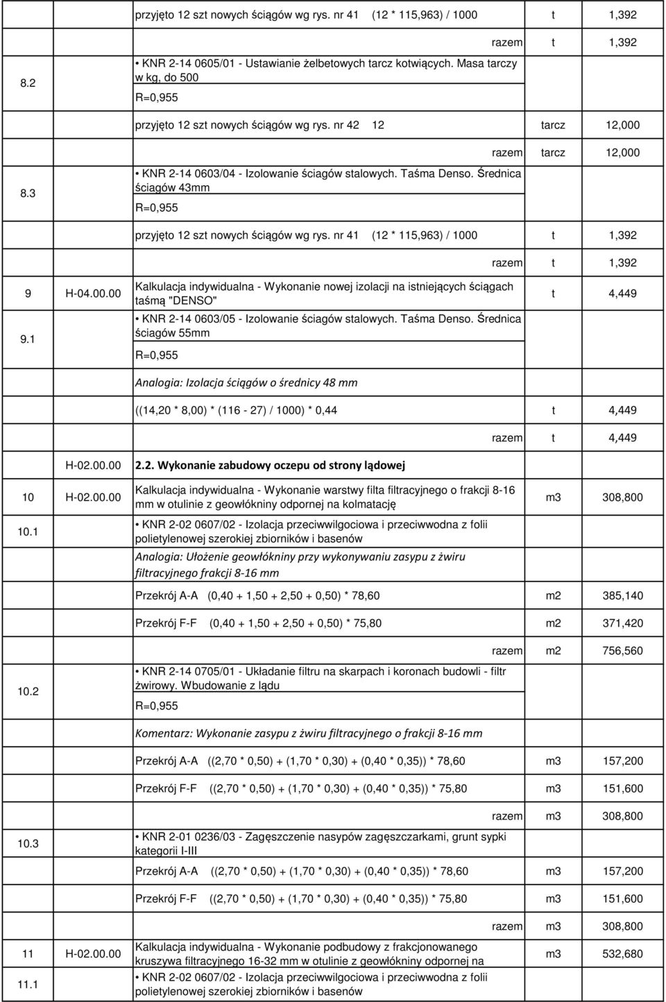 Średnica ściagów 43mm przyjęto 12 szt nowych ściągów wg rys. nr 41 (12 * 115,963) / 1000 t 1,392 razem t 1,392 9 H-04.00.00 9.