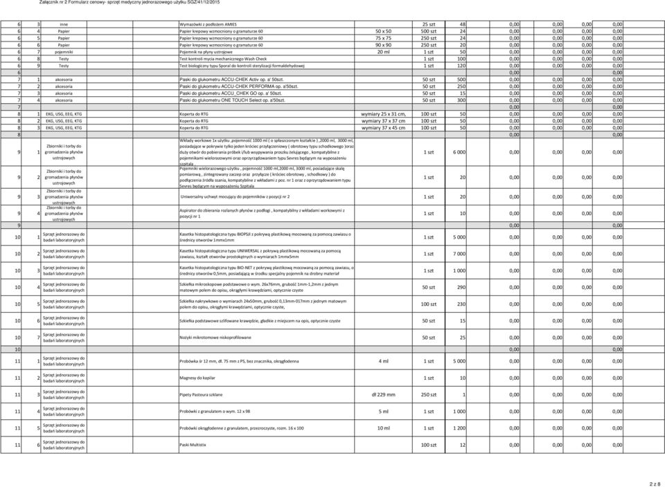 50 0,00 0,00 0,00 0,00 6 8 Testy Test kontroli mycia mechanicznego Wash Check 1 szt 100 0,00 0,00 0,00 0,00 6 9 Testy Test biologiczny typu Sporal do kontroli sterylizacji formaldehydowej 1 szt 120