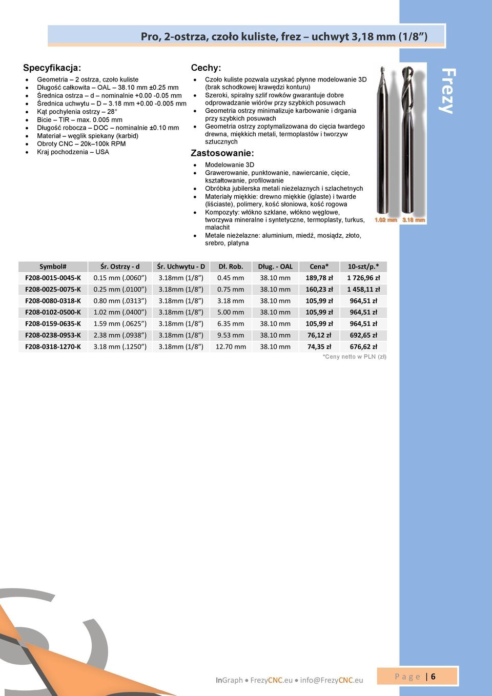 10 mm Materiał węglik spiekany (karbid) Obroty CNC 20k 100k RPM Kraj pochodzenia USA Czoło kuliste pozwala uzyskać płynne modelowanie 3D (brak schodkowej krawędzi konturu) Szeroki, spiralny szlif