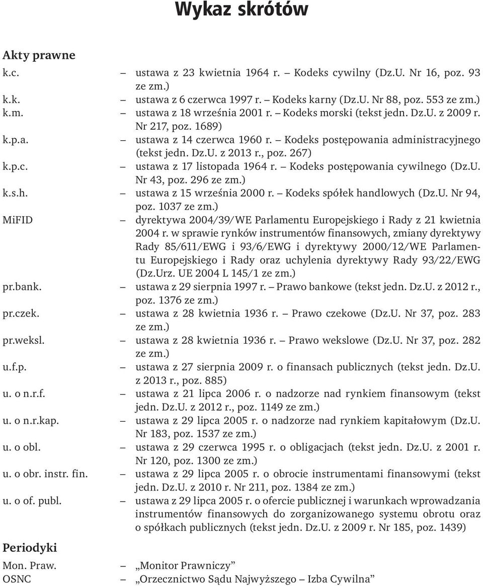 Kodeks postępowania cywilnego (Dz.U. Nr 43, poz. 296 ze zm.) k.s.h. ustawa z 15 wrześ nia 2000 r. Kodeks spó łek handlowych (Dz.U. Nr 94, poz. 1037 ze zm.