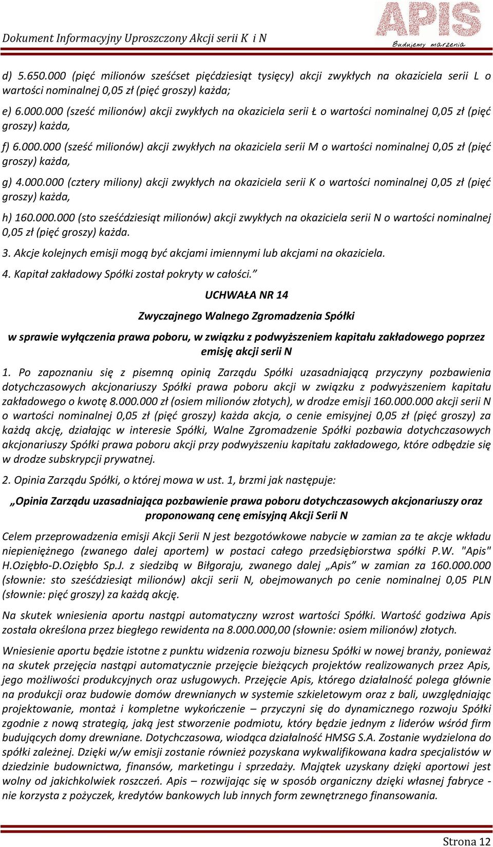 000.000 (sto sześćdziesiąt milionów) akcji zwykłych na okaziciela serii N o wartości nominalnej 0,05 zł (pięć groszy) każda. 3.