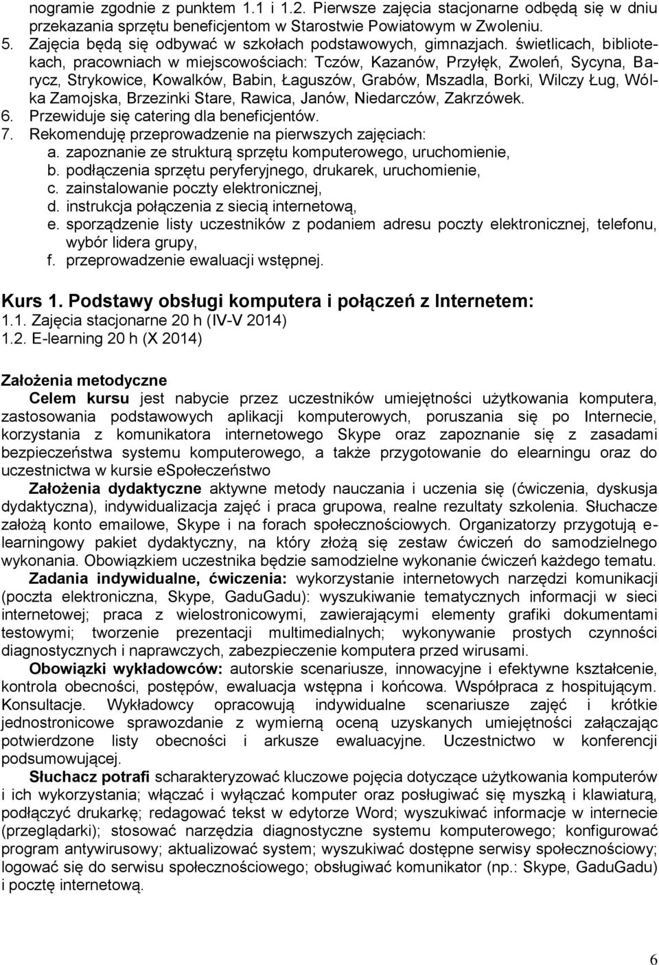 świetlicach, bibliotekach, pracowniach w miejscowościach: Tczów, Kazanów, Przyłęk, Zwoleń, Sycyna, Barycz, Strykowice, Kowalków, Babin, Łaguszów, Grabów, Mszadla, Borki, Wilczy Ług, Wólka Zamojska,