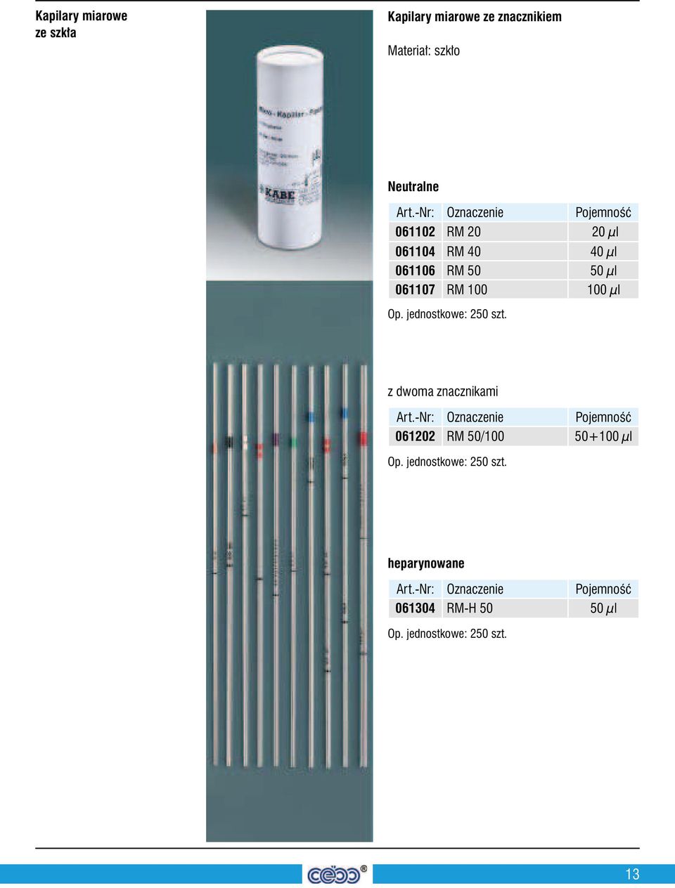 Op. jednostkowe: 250 szt. z dwoma znacznikami Pojemność 061202 RM 50/100 50+100 µl Op.