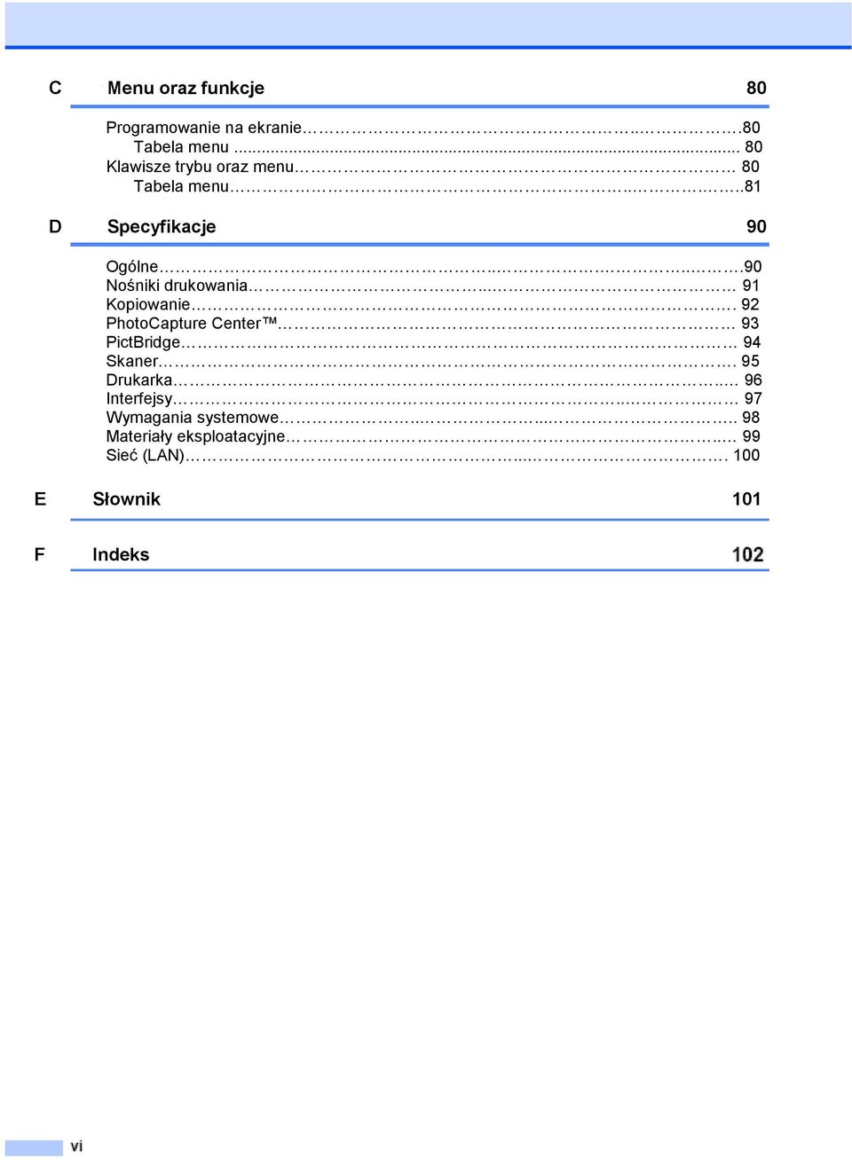 .....90 Nośniki drukowania... 91 Kopiowanie. 92 PhotoCapture Center 93 PictBridge 94 Skaner.
