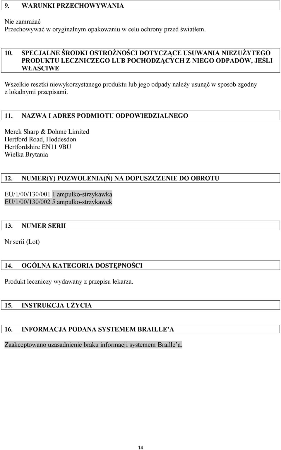 usunąć w sposób zgodny z lokalnymi przepisami. 11. NAZWA I ADRES PODMIOTU ODPOWIEDZIALNEGO Merck Sharp & Dohme Limited Hertford Road, Hoddesdon Hertfordshire EN11 9BU Wielka Brytania 12.