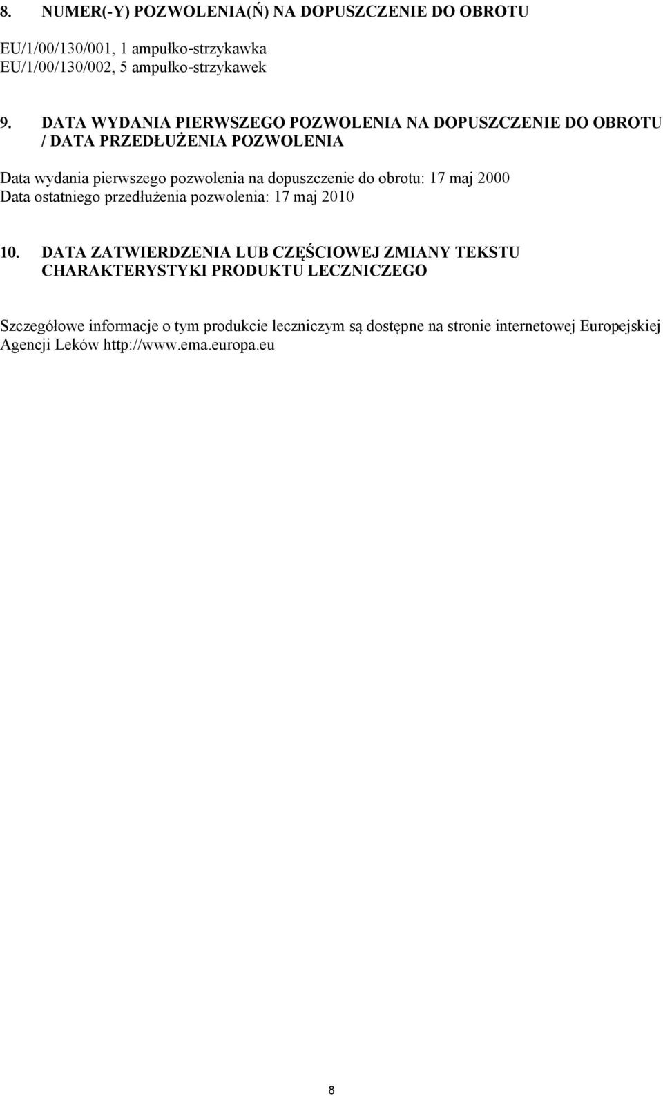 do obrotu: 17 maj 2000 Data ostatniego przedłużenia pozwolenia: 17 maj 2010 10.