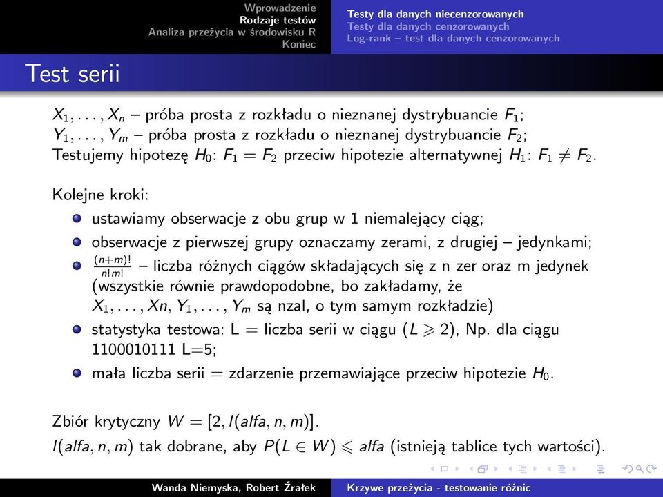 Kolejne kroki: ustawiamy obserwacje z obu grup w 1 niemalejący ciąg; obserwacje z pierwszej grupy oznaczamy zerami, z drugiej jedynkami; (n+m)! n!m! liczba różnych ciągów składających się z n zer oraz m jedynek (wszystkie równie prawdopodobne, bo zakładamy, że X 1,.